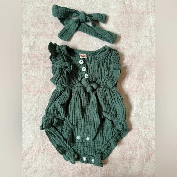 Dark Green Baby Romper with Headband - Picture 2 of 2